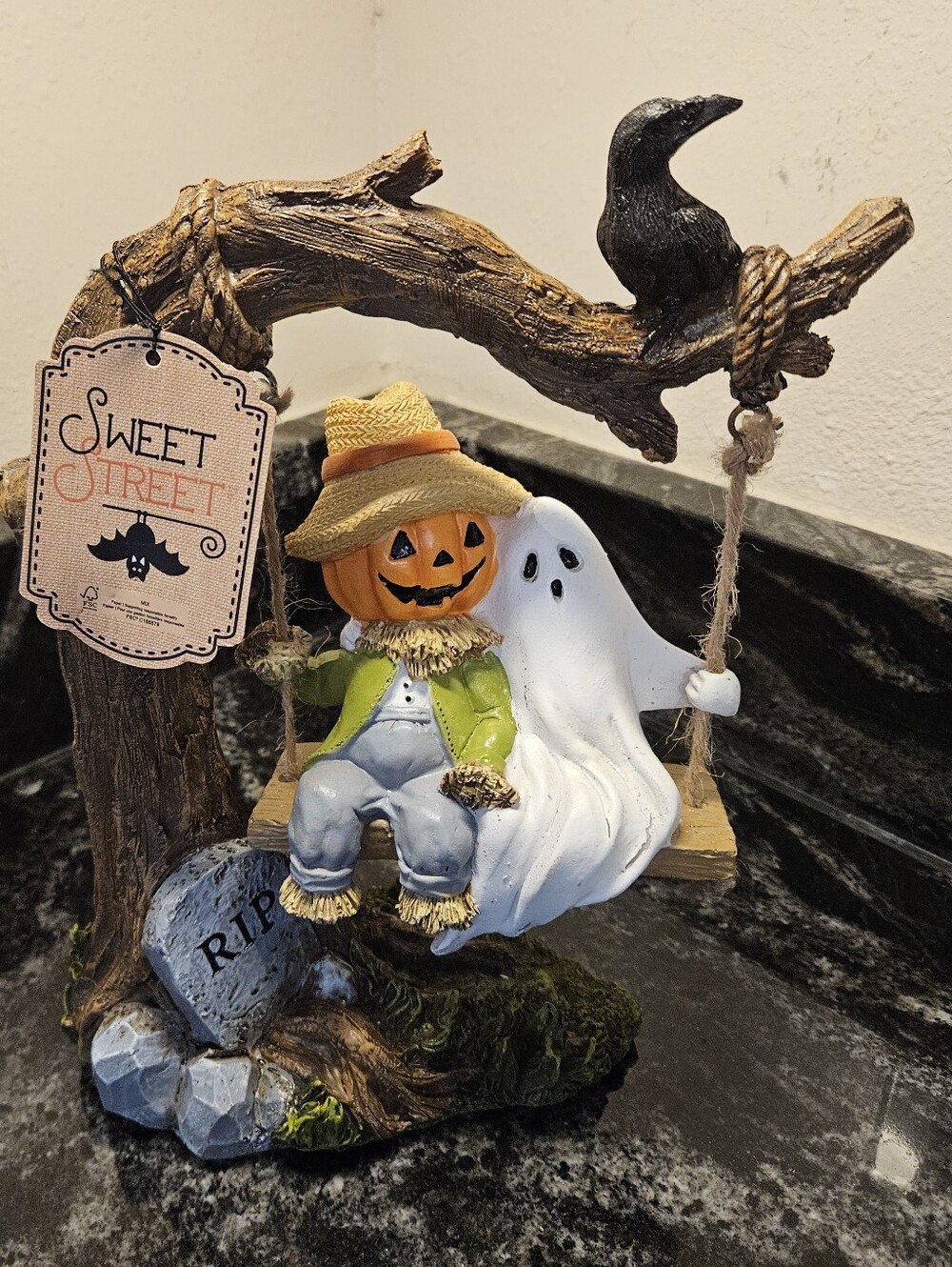 NWT Sweet Street Halloween Figurine Scarecrow Ghost Swing Tree Crow RIP
